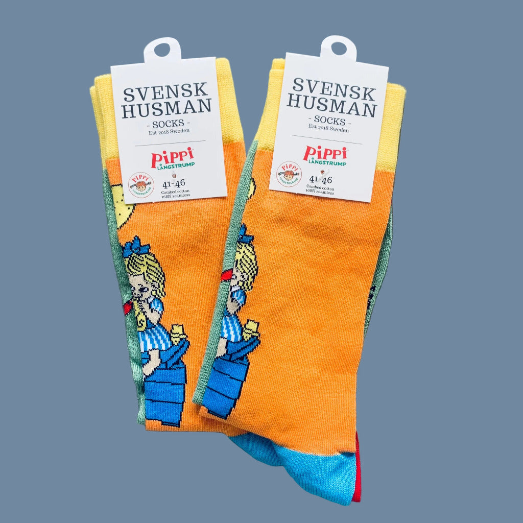 2 Paar Pippi-Langstrumpf-Socken Pippi bäckt Plinsen mit Label Größe 41-46
