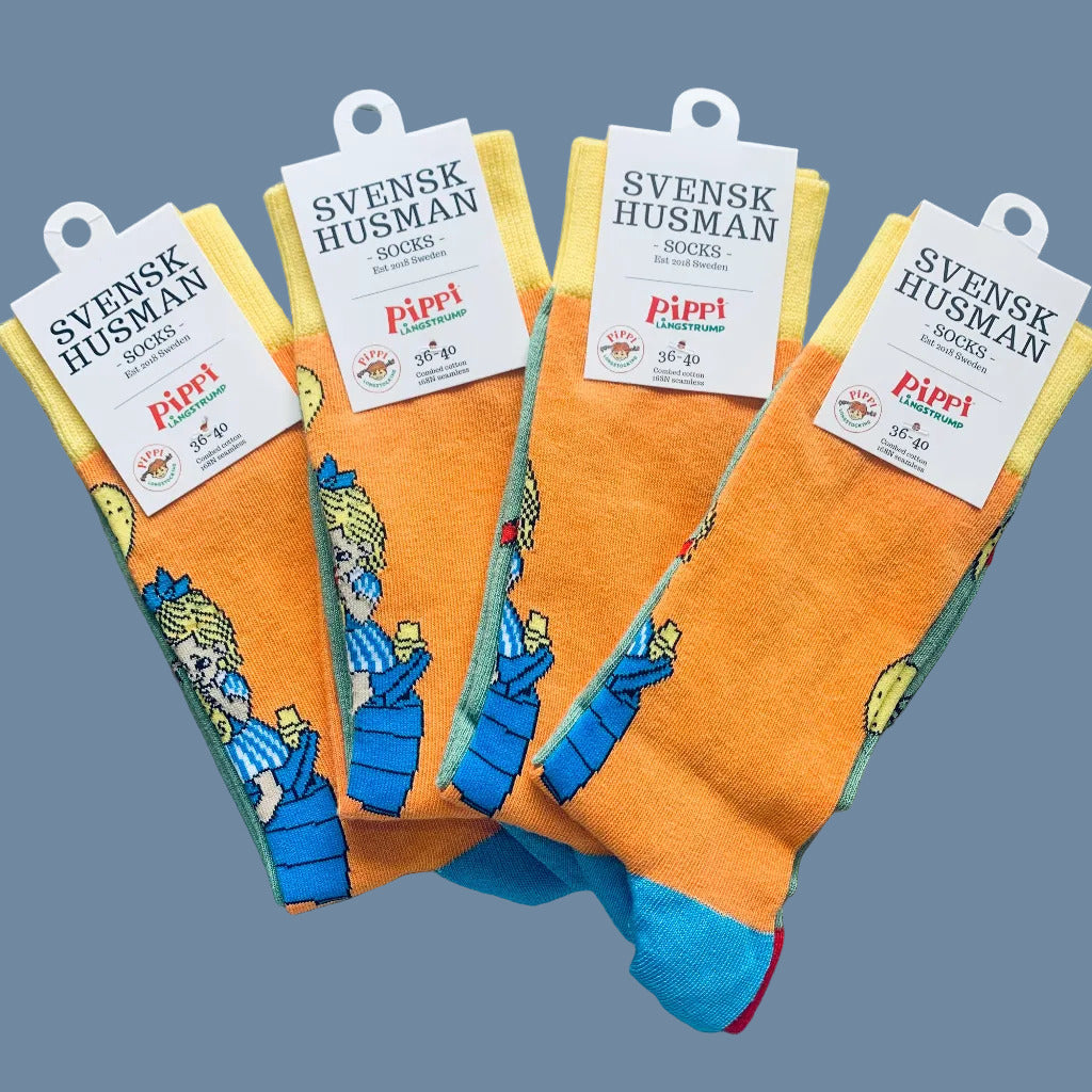 4 Paar Pippi-Langstrumpf-Socken Pippi bäckt Plinsen mit Label Größe 36-40
