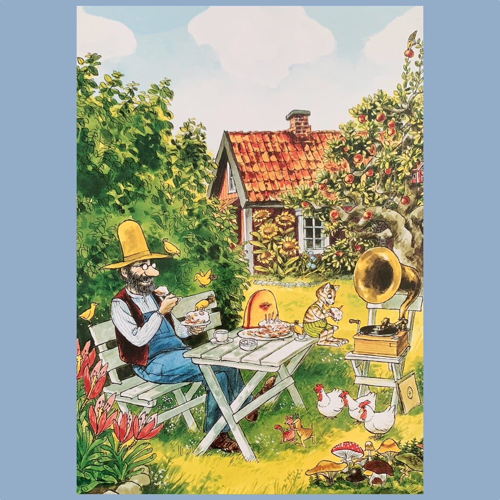Postkarte A4 Pettersson und Findus essen Pfannkuchentorte