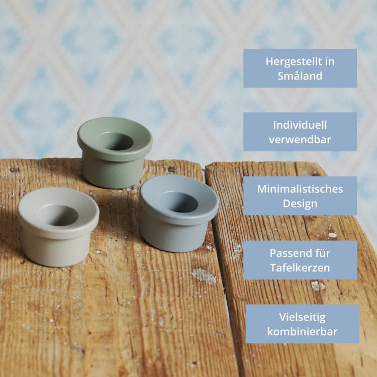Kerzenhalter Adapter aus Metall in Farben nebel, kalk, wiese samt fünf Produktfakten