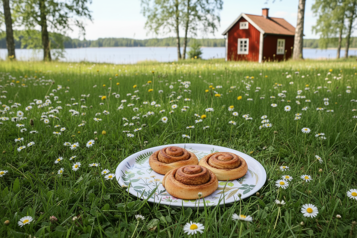 Rundes Tablett Ängsö in Wiese mit drei Zimtschnecken