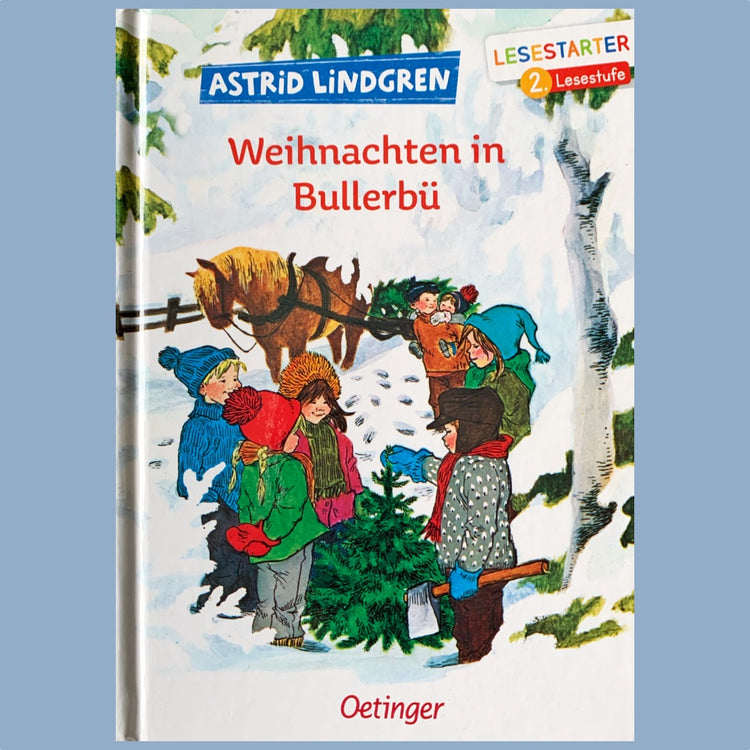 Titel des Buches Weihnachten in Bullerbü mit Bullerbü-Kindern, die Weihnachtsbaum holen