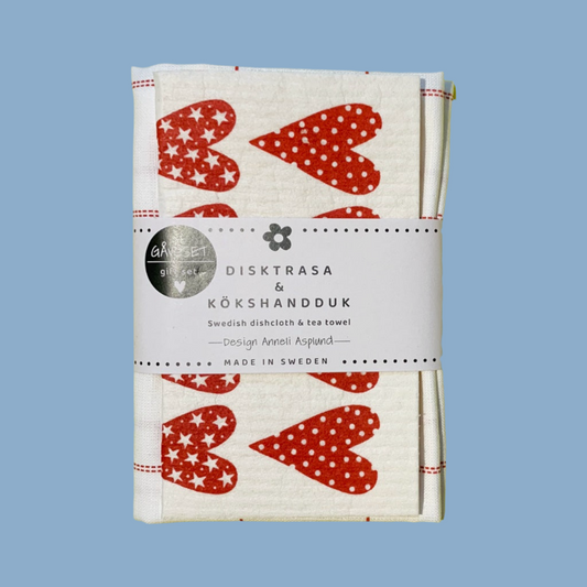 Geschenkset Handtuch Schwammtuch Rote Herzen mit Banderole und mysblauem Hintergrund