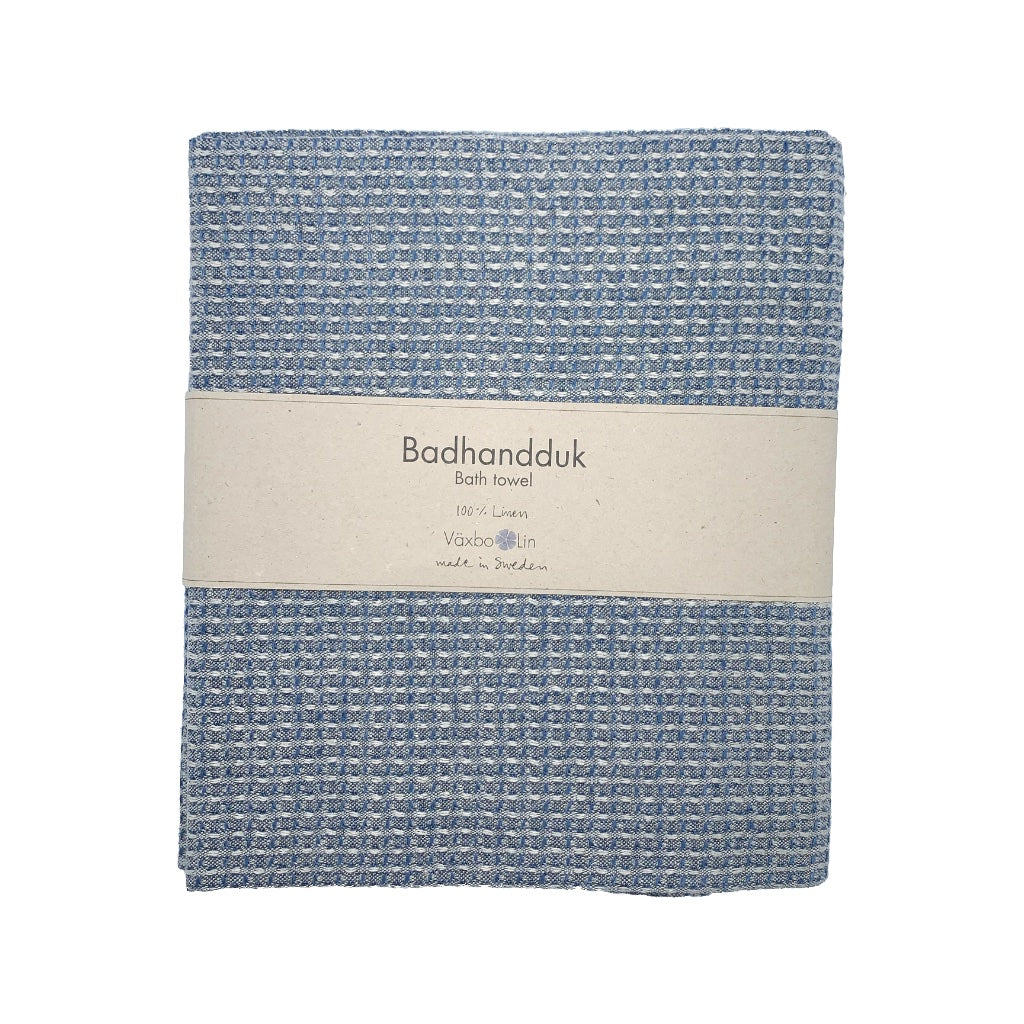 Badetuch Bubbel aus Leinen blau zusammengefaltet mit Banderole
