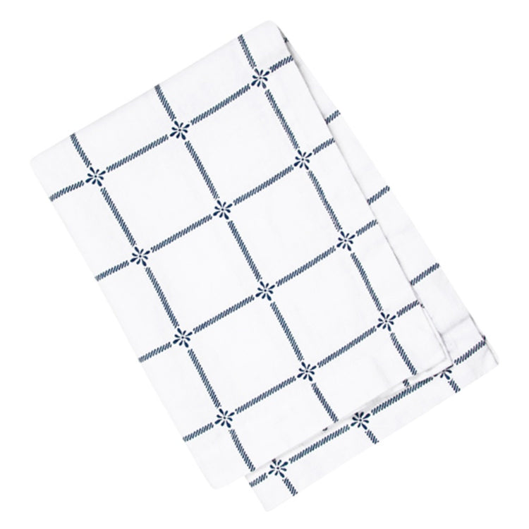 zusammengefaltetes Handtuch mit Muster Classic in blau, unterbrochene Linien als Gitter angeordnet, an den Kreuzungspunkten die typische Shyness-Blüte