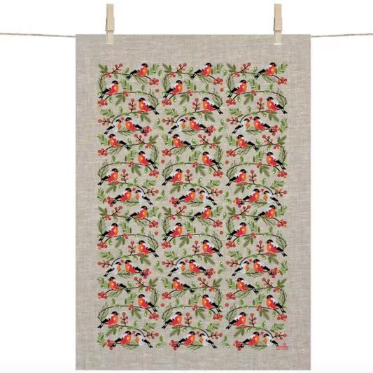 Geschirrtuch Leinen Dompfaff von Anneko Design mit Dompfaff all over mit breiter, umlaufender einfarbiger Kante