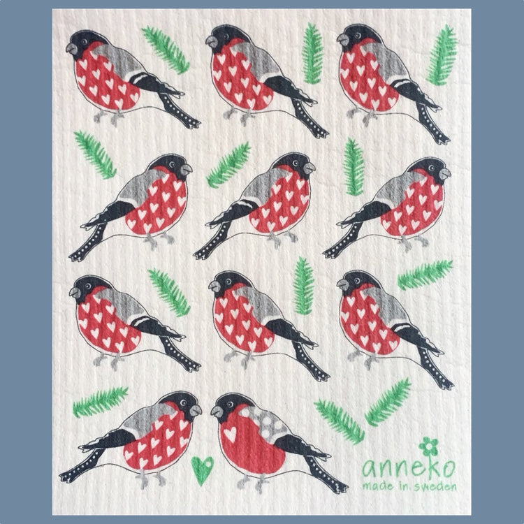 Schwedisches Schwammtuch Dompfaff mit Herzen
