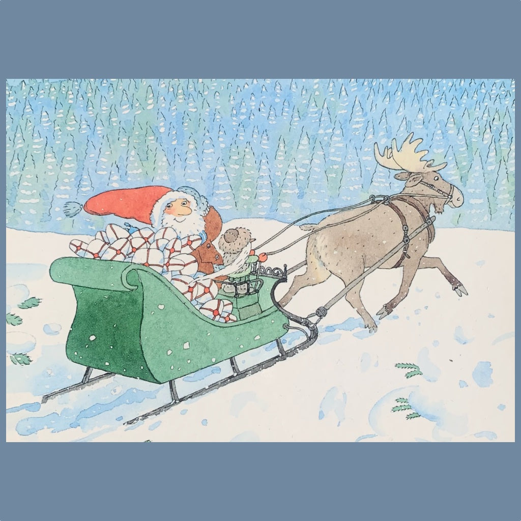 Postkarte mit Rentier und Schlitten mit Weihnachtsmann