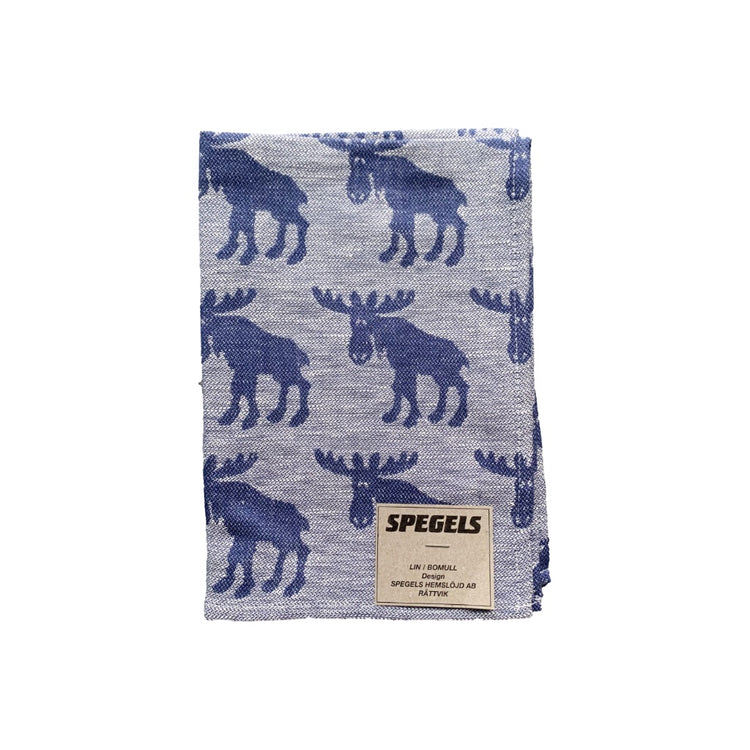 blaue Elche auf hellrblauem Grund, Handtuch zusammengefaltet in der unteren rechten Ecke ein Papierlabel der Firma Spegels