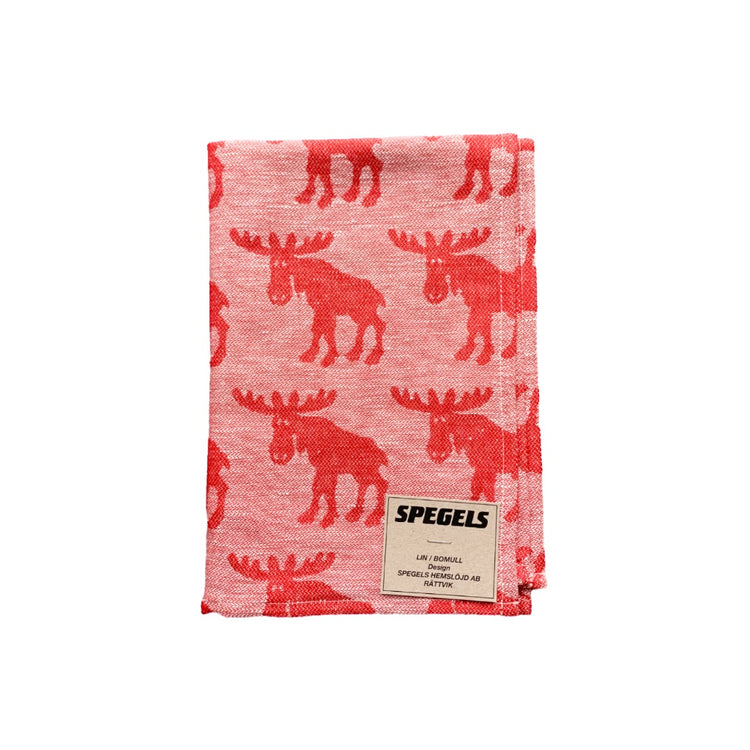 rote Elche auf hellrotem Grund, Handtuch zusammengefaltet in der unteren rechten Ecke ein Papierlabel der Firma Spegels