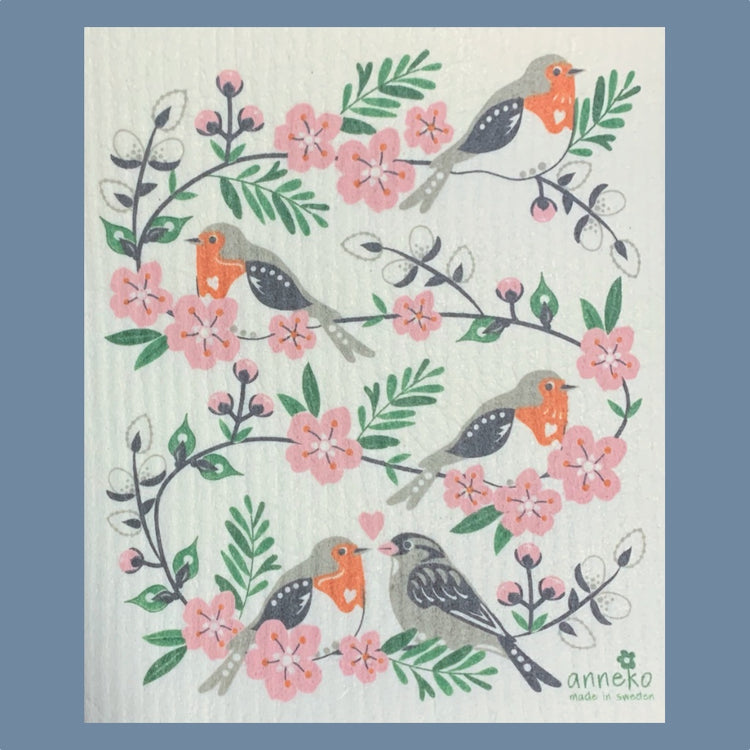 Schwedisches Spültuch mit Vögeln, Zweigen und Obstblüten