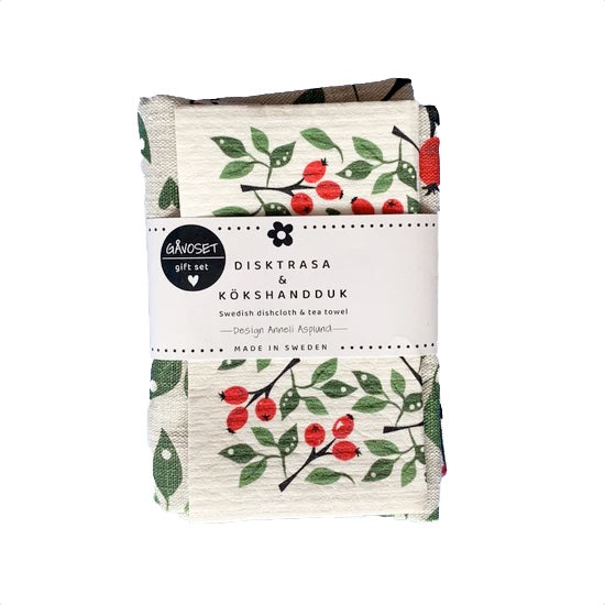 Geschenlset Handtuch und Schwammtuch mit Hagebutten mit Banderole