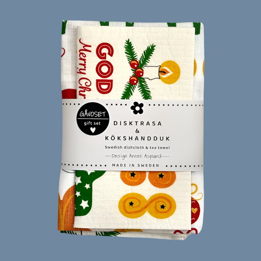 Geschenkset Handtuch Schwammtuch God Jul mit Banderole und mysblauem Hintergrund