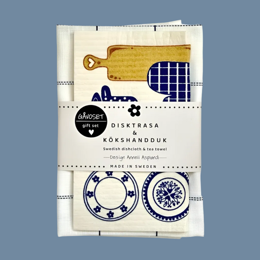 Geschenkset Handtuch Schwammtuch Küche in blau mit Banderole und mysblauem Hintergrund