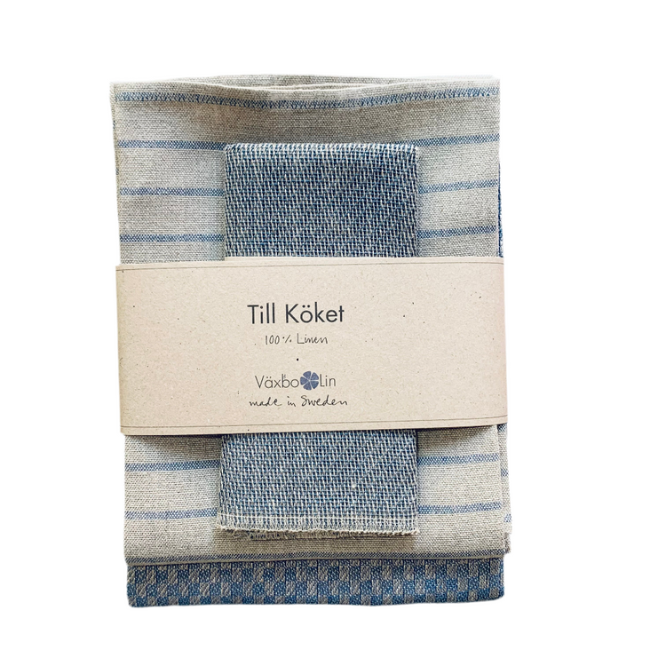 Geschenkset Till köket in blau zusammengefaltet und mit Banderole