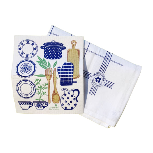 Geschenkset Handtuch und Schwammtuch Küche blau mit aufgeklapptem Schwammtuch