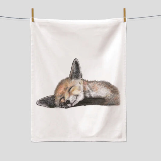 Geschirrtuch mit schlafendem Fuchs auf Leine hängend