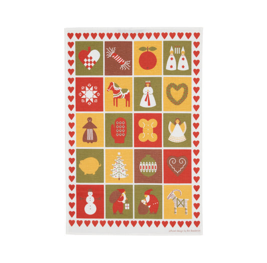 Geschirrtuch aus Halbleinen mit weihnachtlichen Motiven wie zum Beispiel Lucia, Flechtherz, Julbock usw. in 20 Quadraten