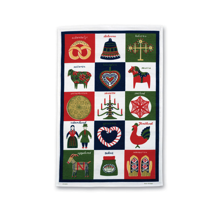 Geschirrtuch mit Motiven einiger ausgewählter schwedischer Landschaften wie zum Beispiel Dalapferde, Fäustlinge, Polkagris, Skatelövleuchter in 15 Quadraten