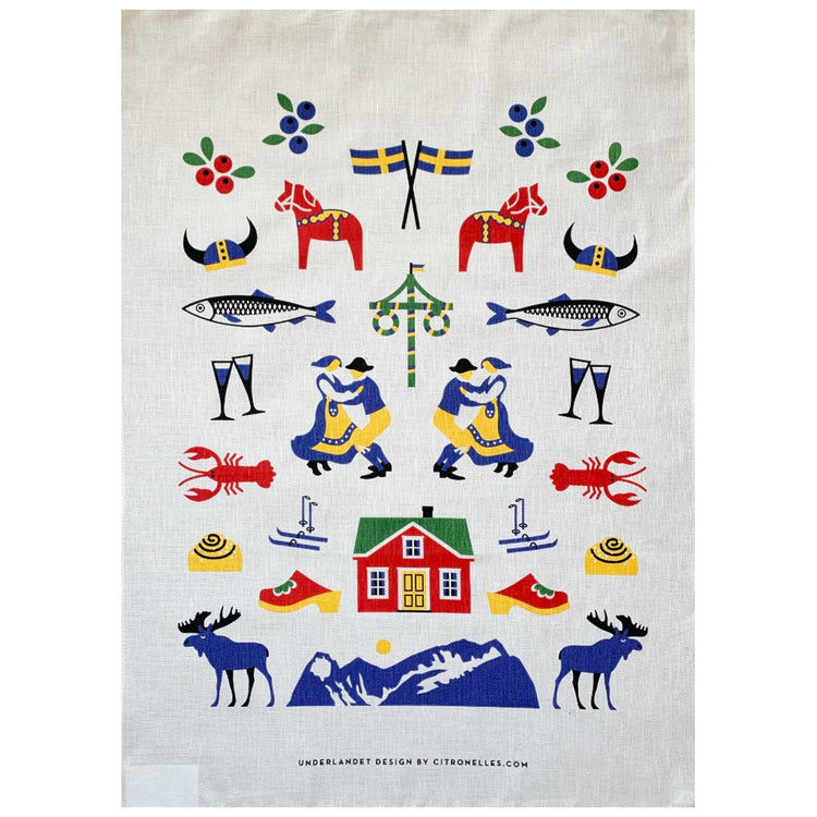 Geschirrtuch mit Dalapferden Elchen Hering Schnaps und anderen typscih schwedischen Dingen