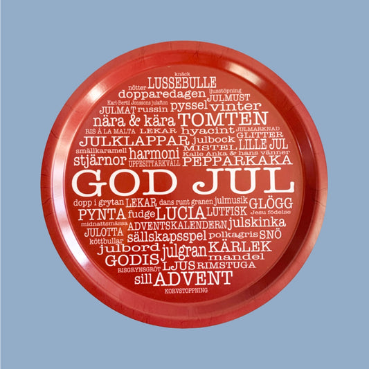 Holztablett rund „God Jul“ rot/weiß