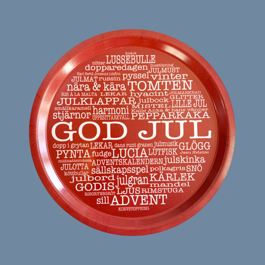 Holztablett rund „God Jul“ rot/weiß