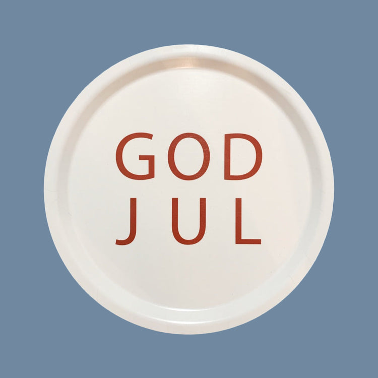 weißes Tablett mit roter Schrift God Jul