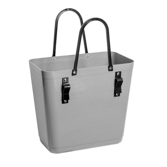 Hinza Fahrradtasche mit zwei schwarzen Henkeln und zwei schwarzen Haken für die Besfestigung am Fahrrad in grau