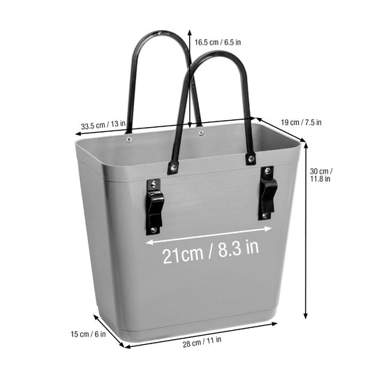 Hinza Fahrradtasche mit zwei schwarzen Henkeln und zwei schwarzen Haken zur Anbringung am Fahrradgepäckträger mitsamt Größenangaben