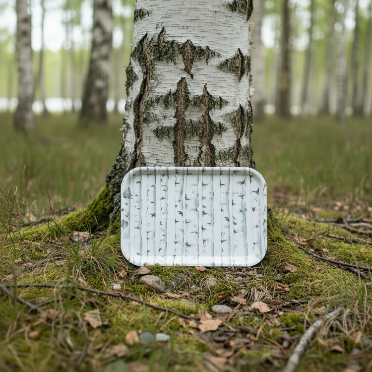 Holztablett mit Birkenstämmen am Fuße einer Birke