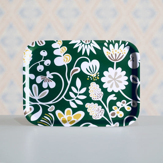 Holztablett mit floralem Muster mit grünem Hintergrund