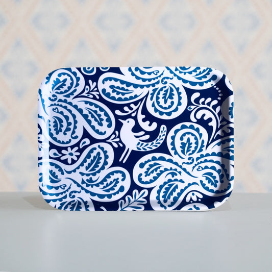 blaues, Holztablett rechteckig mit Muster Haga