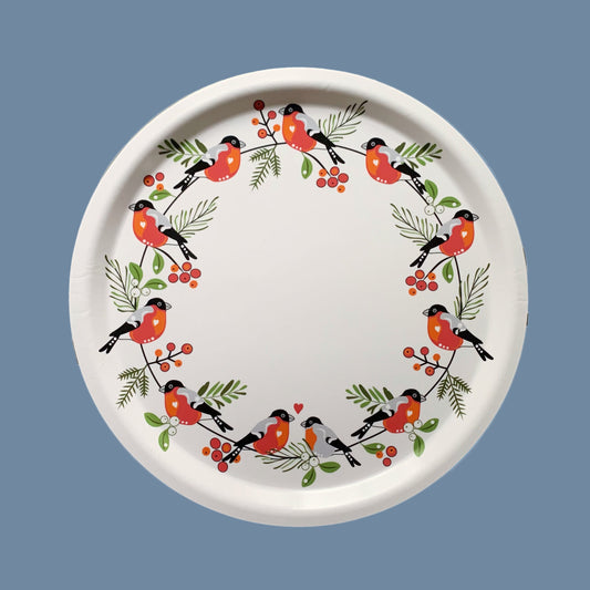 weißes Holztablett rund mit umlaufender Kante mit Vögelchen Dompfaff in Zweigen