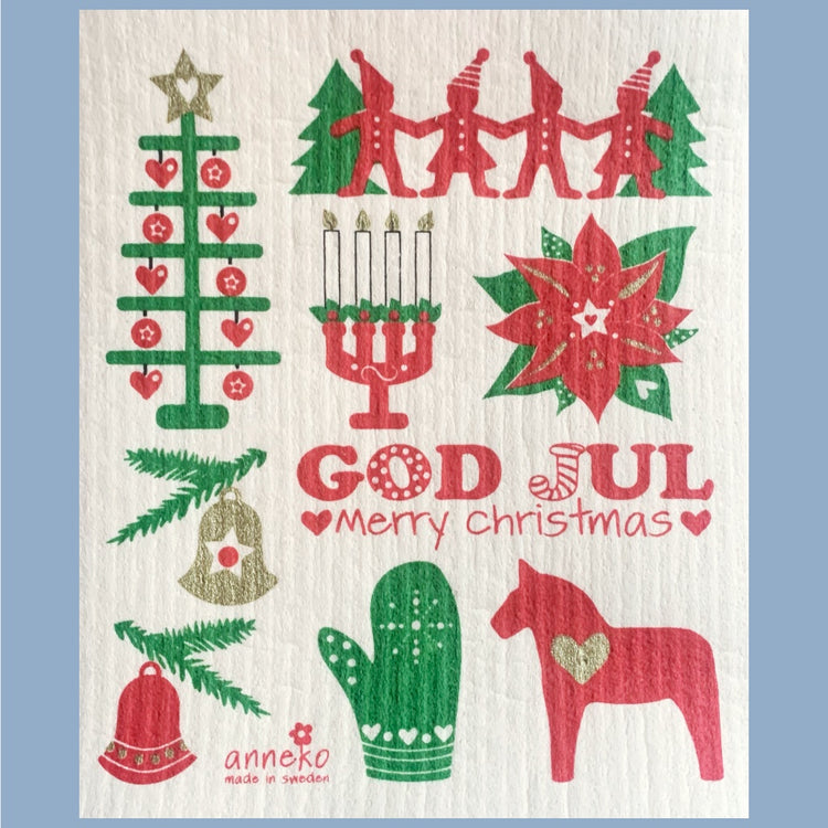 weihnachtliche Motive wie z. Bsp. Wichtel, Glocken, Kerzenhalter in rot und grün, Text God Jul und Merry Christmas in rot auf weißem Grund