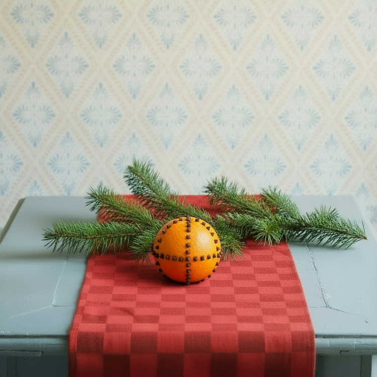 Tischläufer Karo in rot auf Tisch liegend mit Tannenzweig und mit Nelken dekorierter Orange