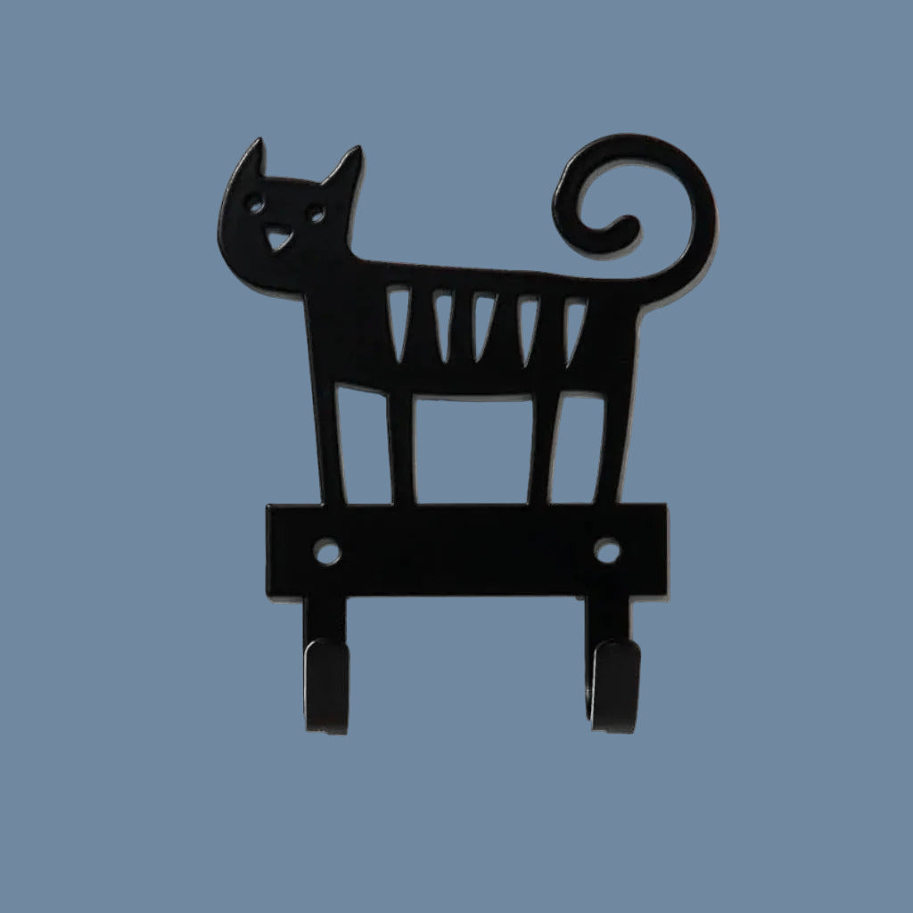 Hakenleiste Katze mit zwei Haken vor mysblauem Hintergrund