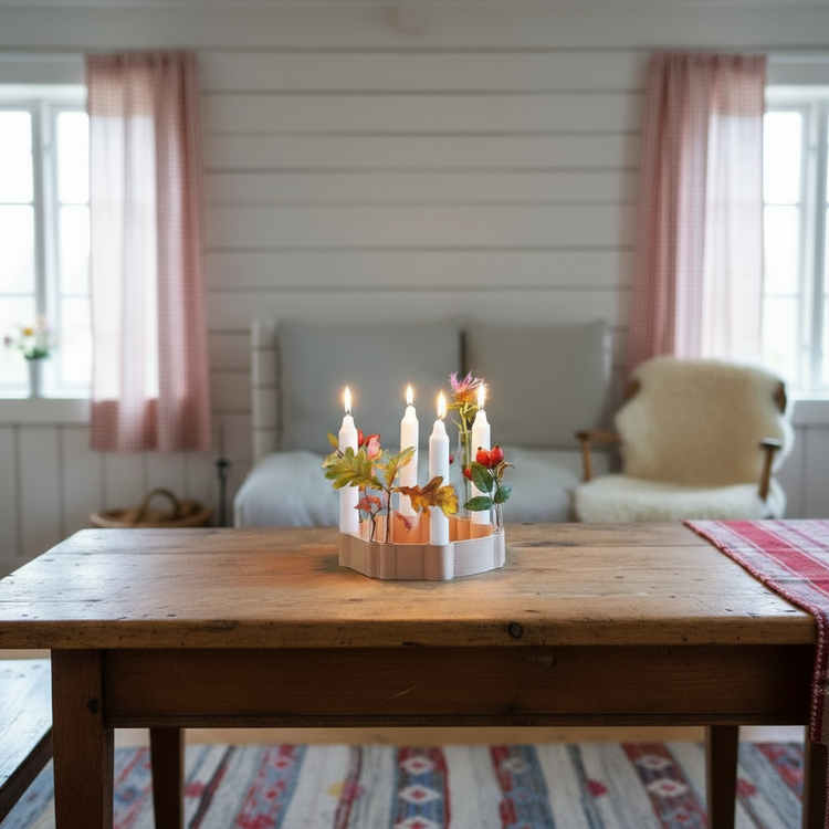 Kerzenhalter 365 aus Leder mit Herbstdeko in schwedischem Interieur