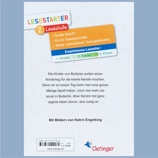 Rüvkseite des Buches Kindertag in Bullerbü mit kurzer Textzusammenfassung