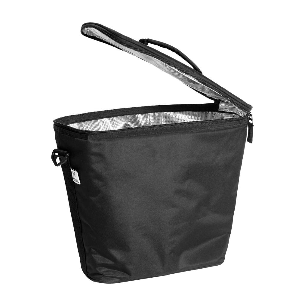 Kühltasche von Hinza mit geöffnetem Deckel, sodass man die innere Aluminiumbeschichtung sieht