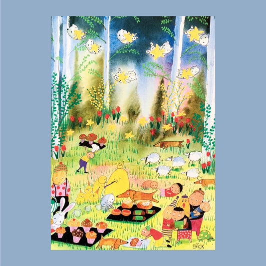 auf einer kleinen Lichtung im Wald haben kleine Wesen süße Gebäckstücke und andere Leckereien ausgbreitet , am Himmel schweben Sternlein