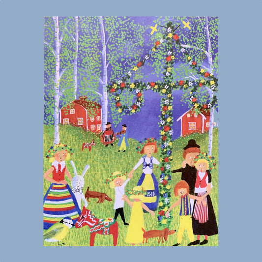 Mittsommerbaum um den Menchen tanzen, im Vordergrund ein Dalapferd