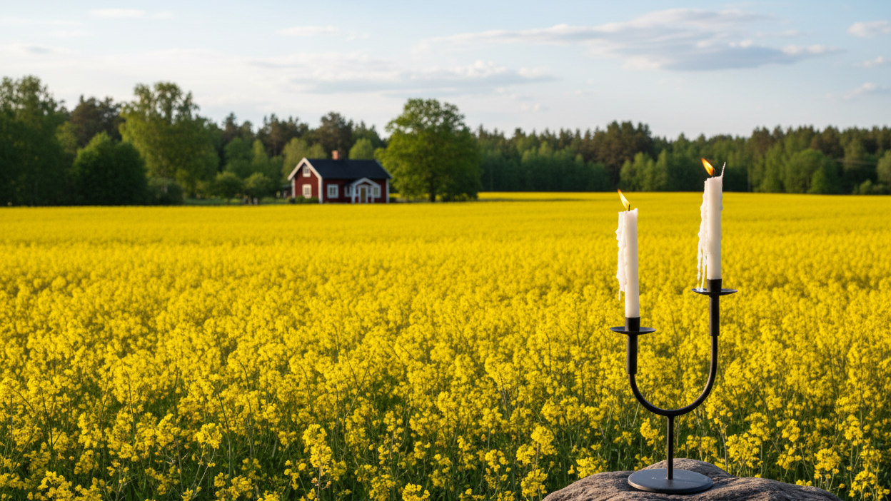 Mys Leuchter vor Rapsfeld mit Schwedenhaus im Hintergrund