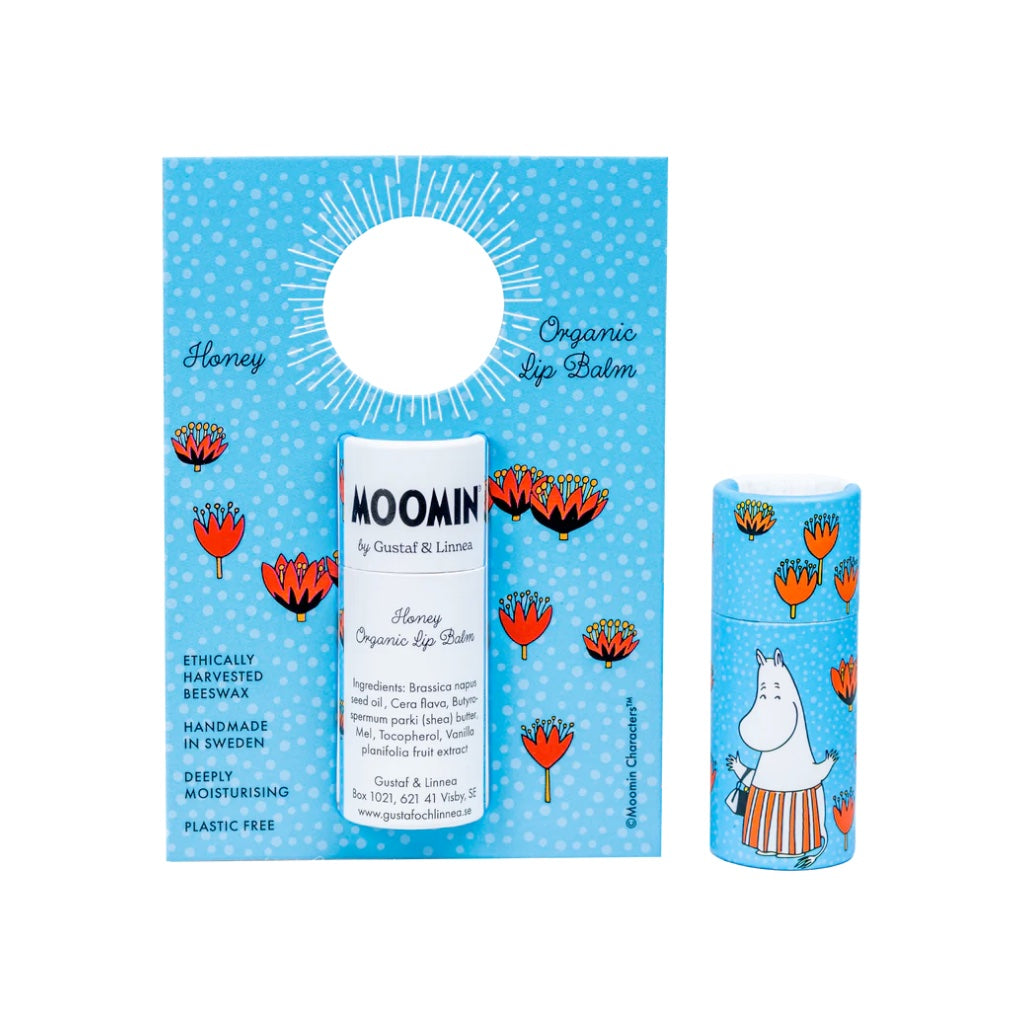 Lippenbalsam aus Bienenwachs Variante Honig mit aufgedruckter Muminmama auf der Verpackung von Gustaf & Linnea erhältlich im Mys-Shop