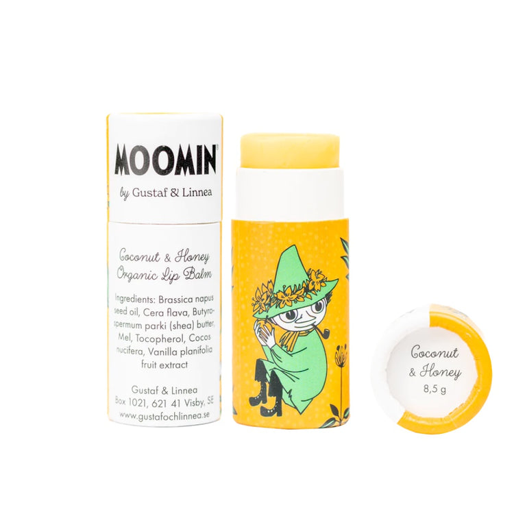 Lippenbalsam aus Bienwachs Variante Kokosnuss Honig mit Muminmama auf der Verpackung von Gustaf & Linnea erhältlich im Mys-Shop
