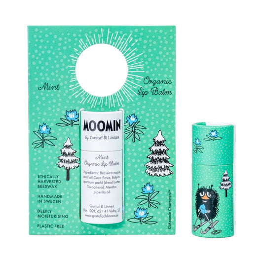 grüne Verpackung des Lippenbalsam Minze mit aufgedruckter Muminfigur