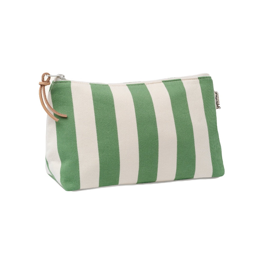 Kosmetiktasche Nora Stripe grün geschlossen vor weißem Hinrtergrund