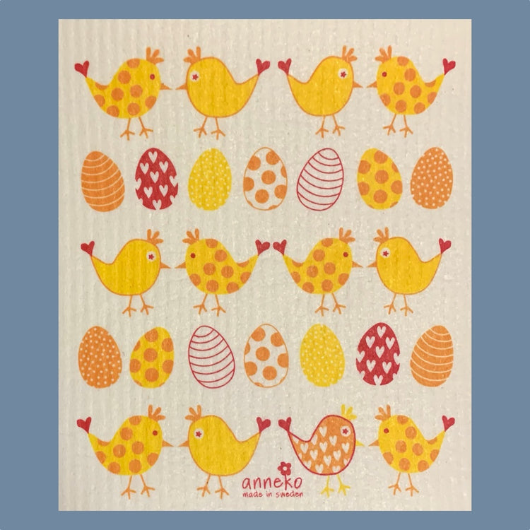 Ostereier und Küken in Gelbtönen reihenwiese auf diesem Spültuch