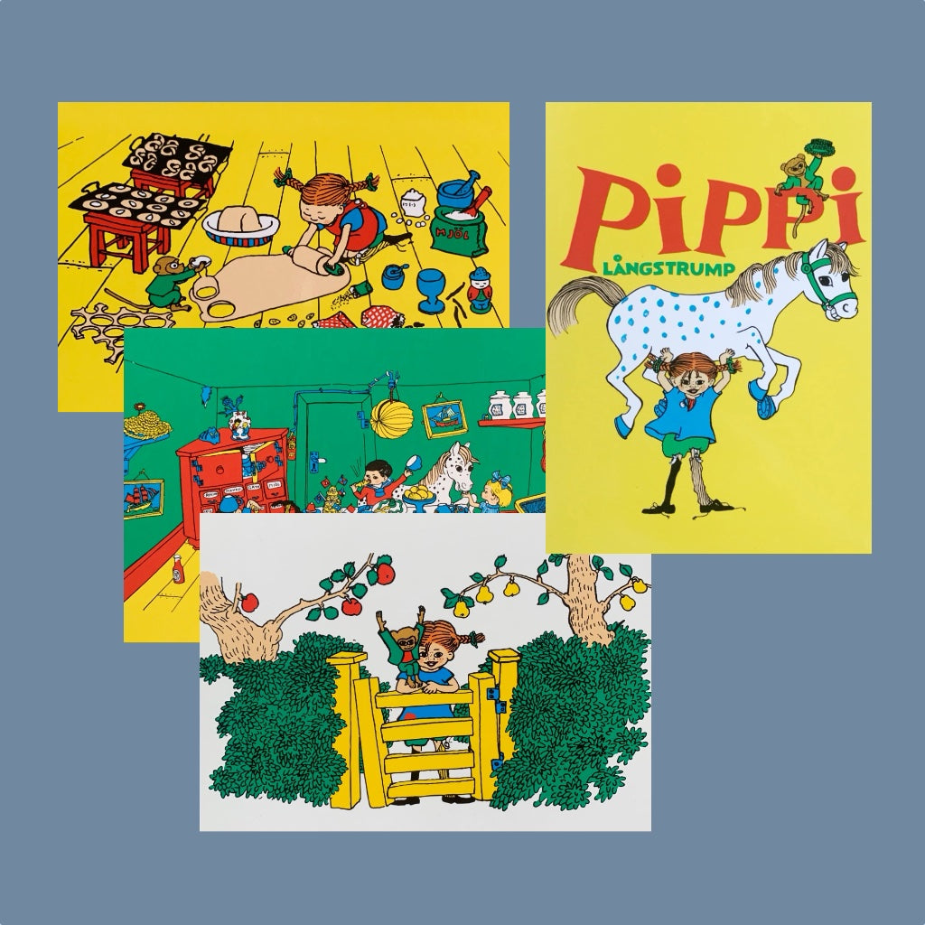 vier Postkarten mit je einem anderen Moti, alle mit Pippi Langstrumpf