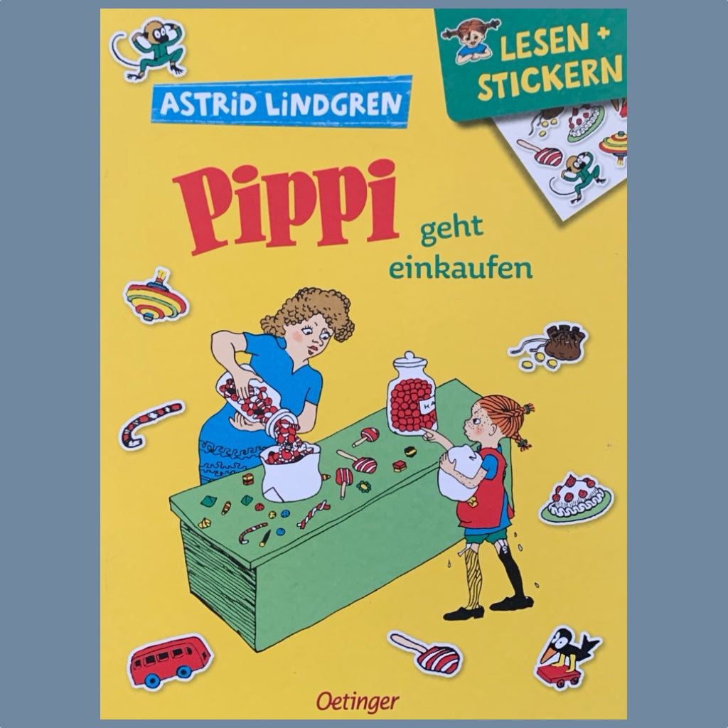 Titelseite des Buches Lesen und Stickern mit der Geschichte Pippi geht einkaufen