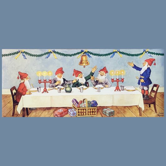 Weihnachtsposter mit Wichteln, die Weihnachtsbrei essen